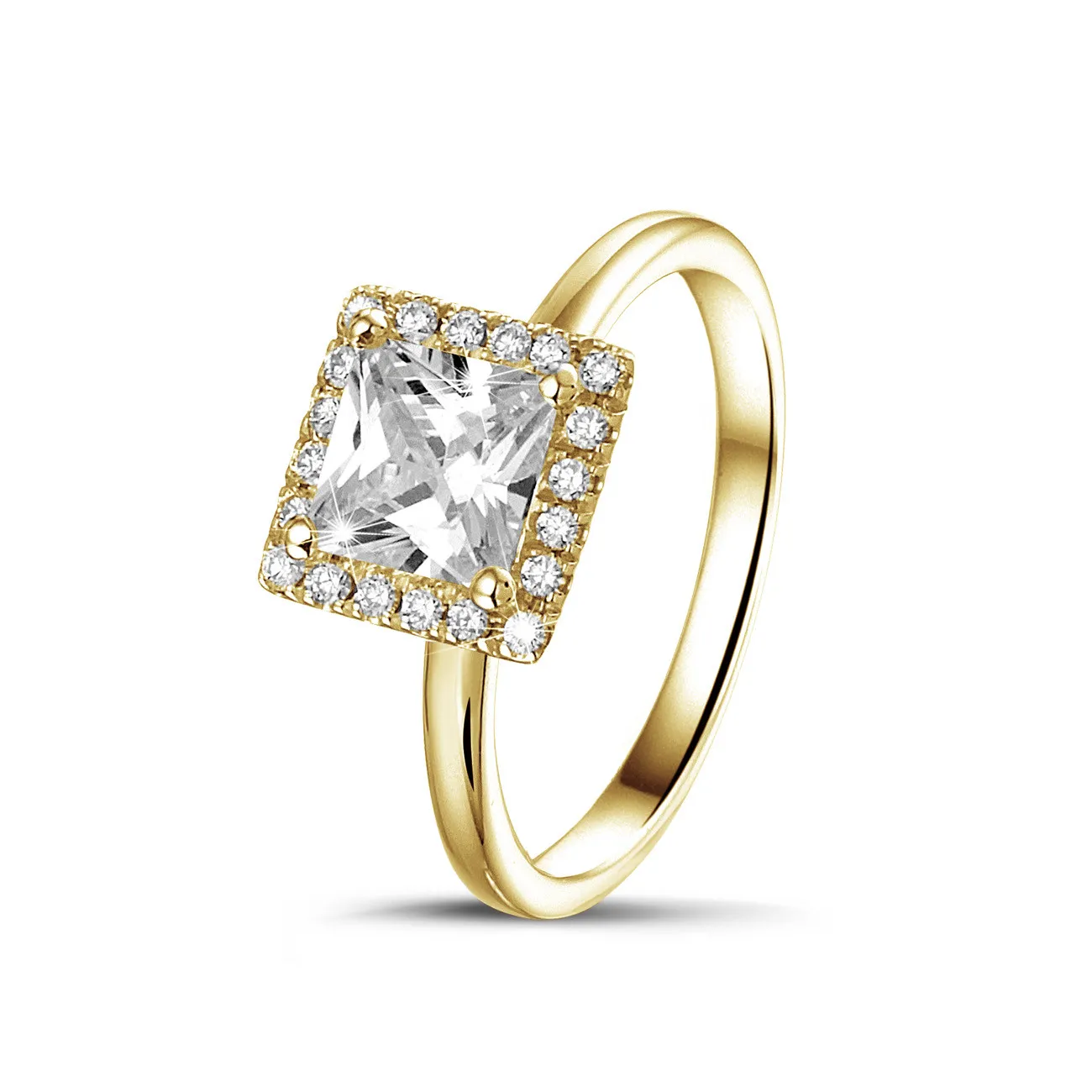 0.70 quilates halo anillo solitario diamante princesa en oro amarillo con diamantes redondos 