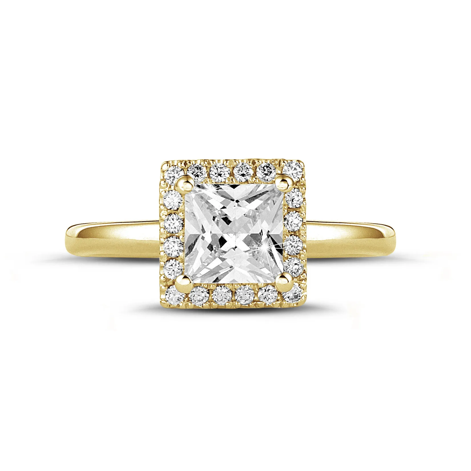 0.70 quilates halo anillo solitario diamante princesa en oro amarillo con diamantes redondos 