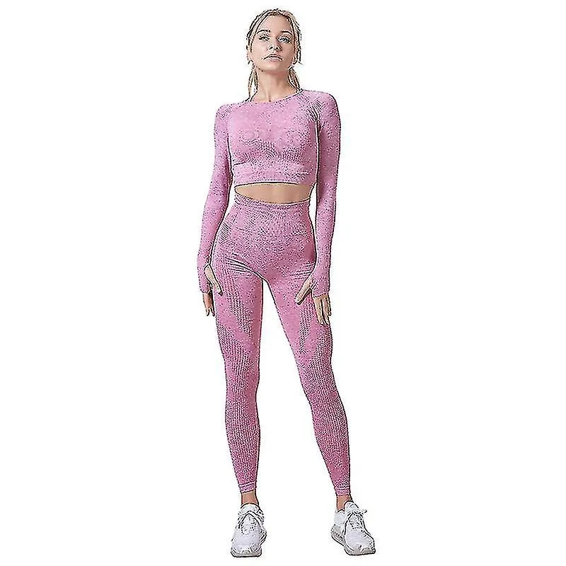 2 Piece High Waist Yoga Outfit Set Gym Long Sleeve Top And Jumpsuit (rose Red) S