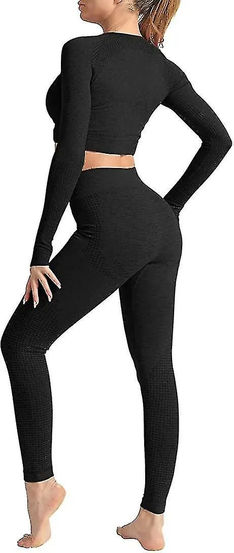 2 Piece High Waist Yoga Outfit Set Gym Long Sleeve Top And Jumpsuit (rose Red) S