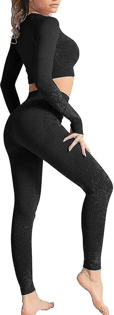 2 Piece High Waist Yoga Outfit Set Gym Long Sleeve Top And Jumpsuit (rose Red) S