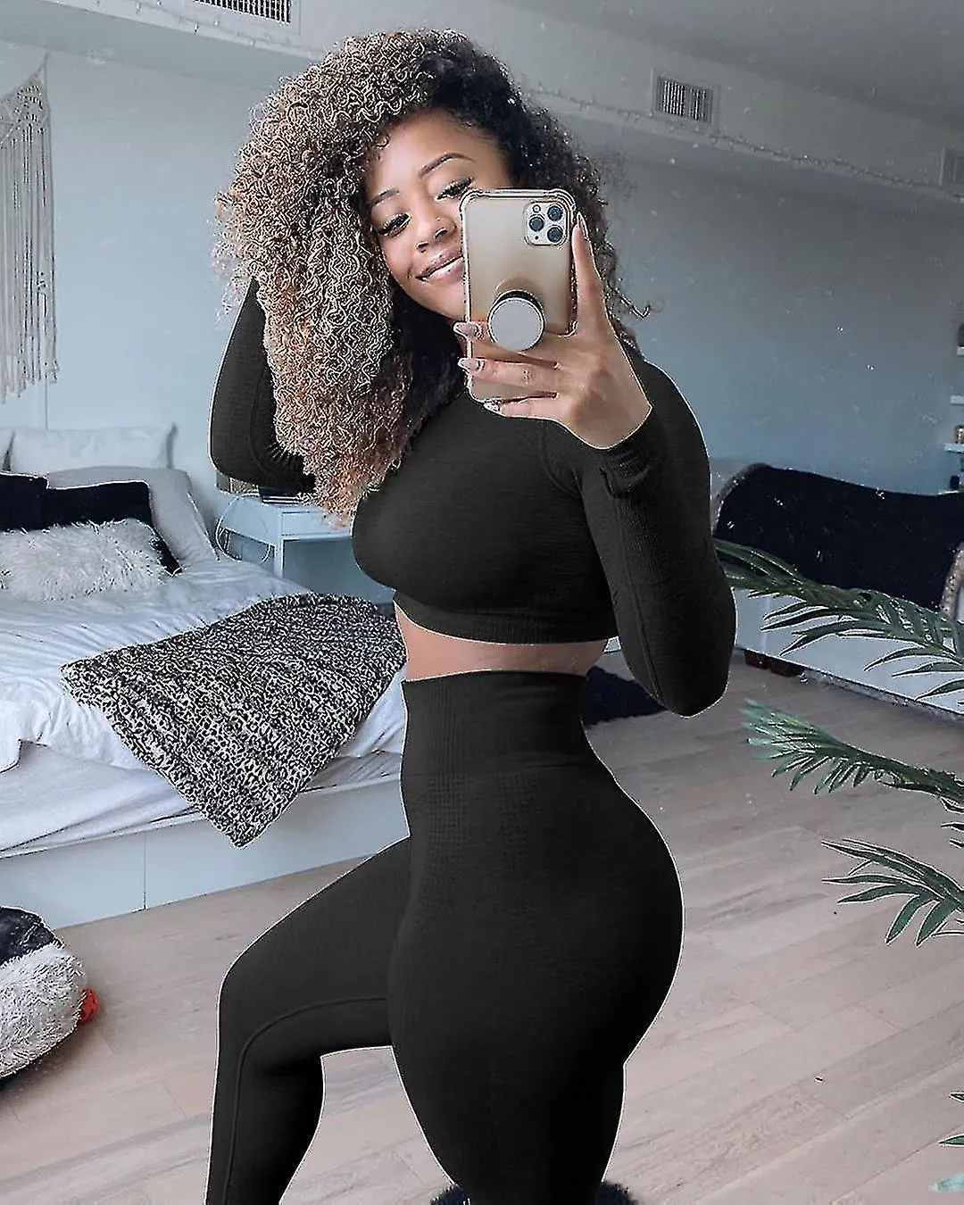 2 Piece High Waist Yoga Outfit Set Gym Long Sleeve Top And Jumpsuit (rose Red) S