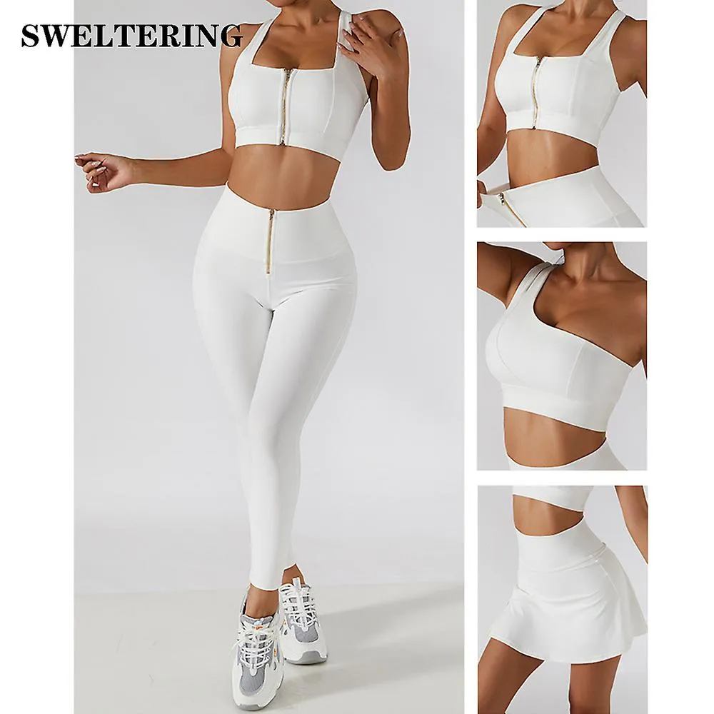 2pc Yoga Set Mujeres Entrenamiento Deporte Gimnasio Wear Traje de Yoga Cintura Alta Leggings Faldas Cremallera Frontal Bra Fitne