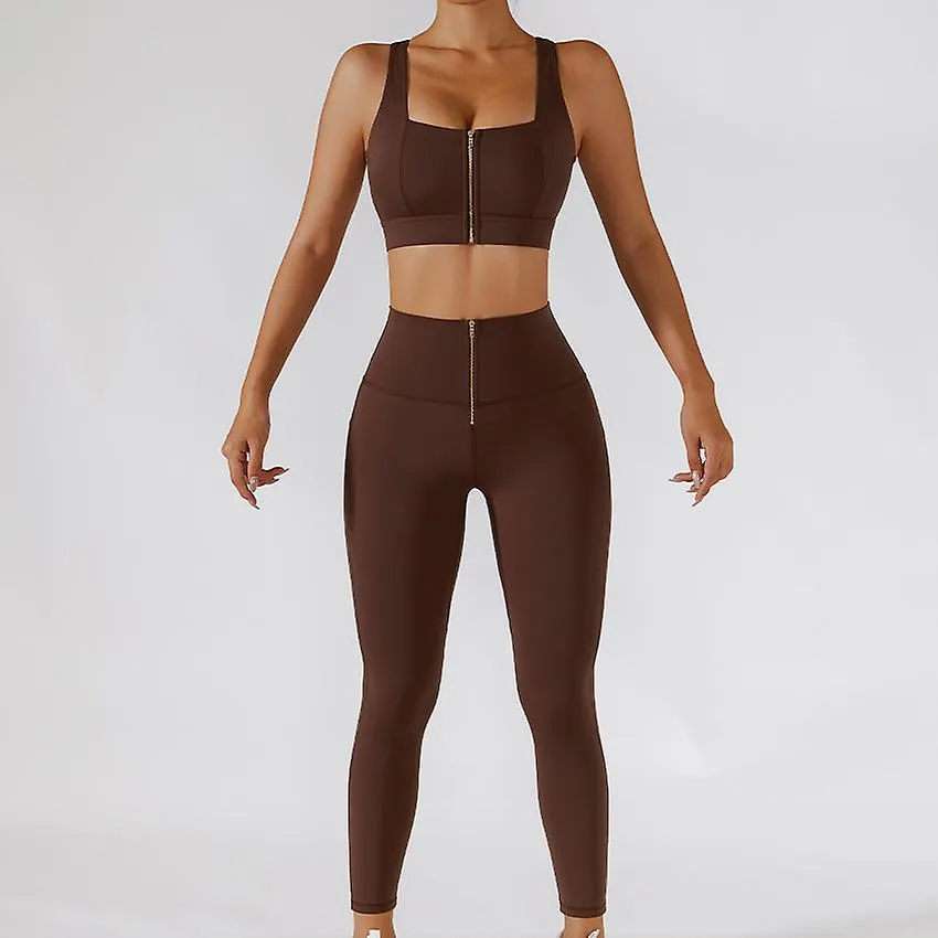 2pc Yoga Set Mujeres Entrenamiento Deporte Gimnasio Wear Traje de Yoga Cintura Alta Leggings Faldas Cremallera Frontal Bra Fitne
