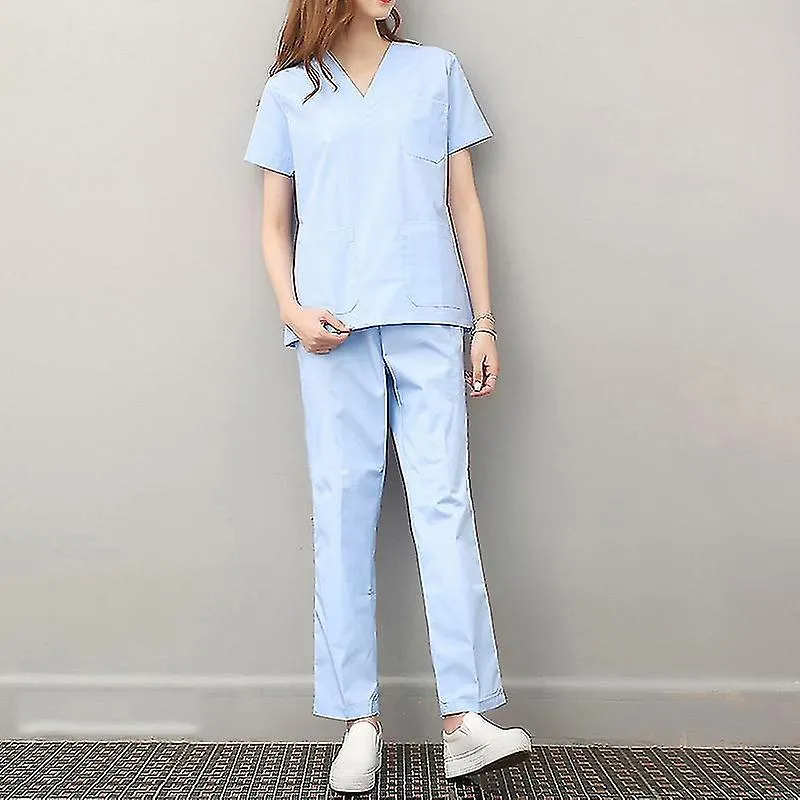 2pcs Scrubs Set Spa Uniformes Trabajadores de la salud Uniforme Ropa Esteticista Ropa de trabajo Scrubs Tops Pantalones Unisex M