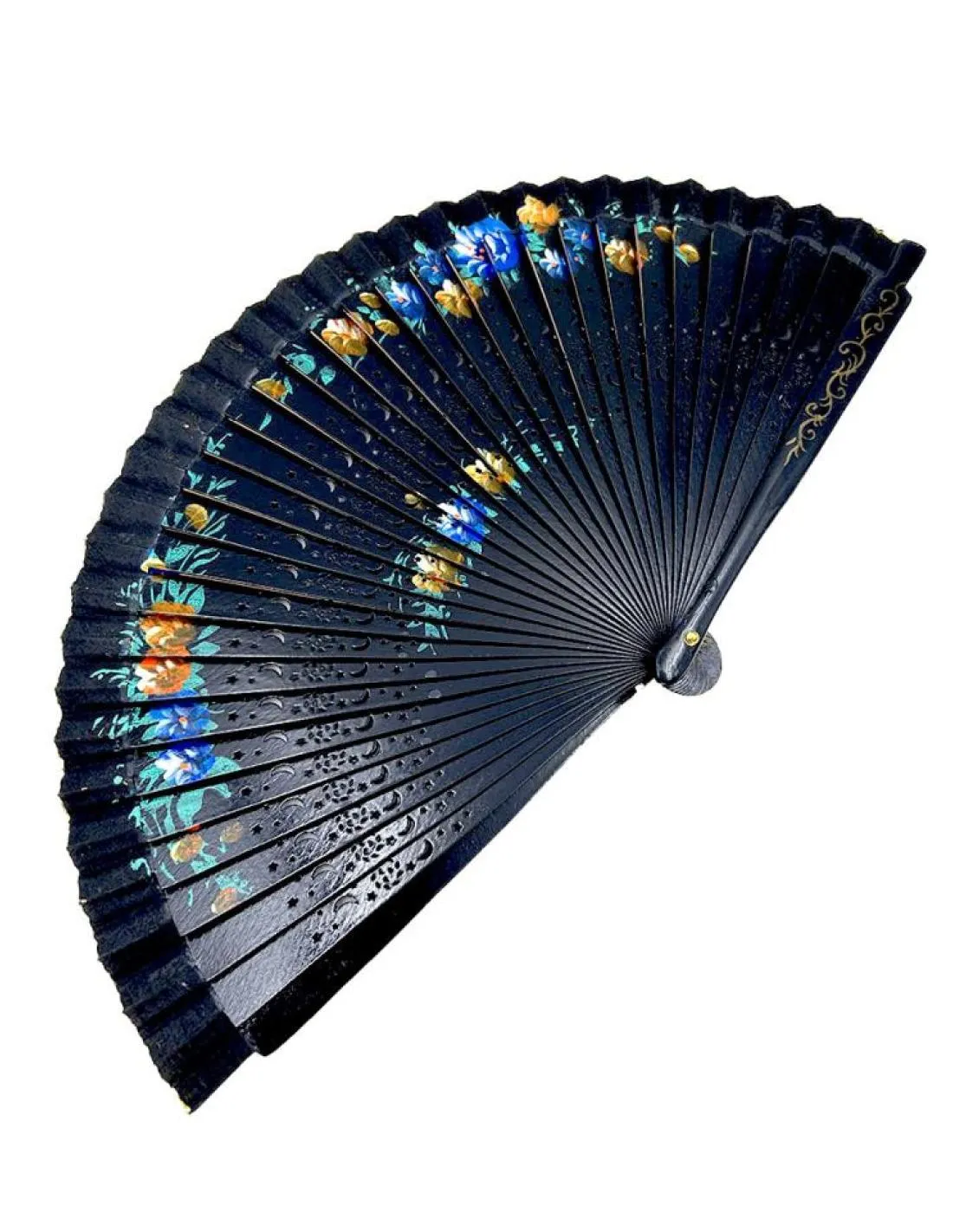 ABANICOS NEGROS CON FLORECITAS Y DISEÑO CALADO