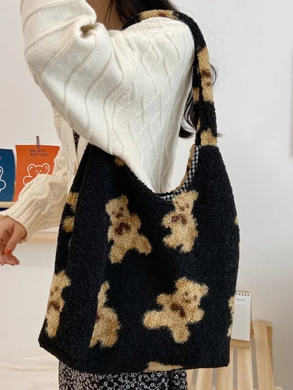 Bolso de hombro reversible Fuzzy Teddy Bear