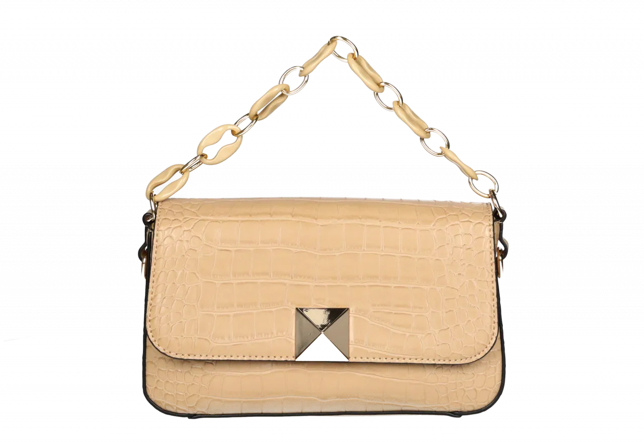 Bolso Mano Taupe Grabado Tapa Cierre Metal Oro Asa Eslabones