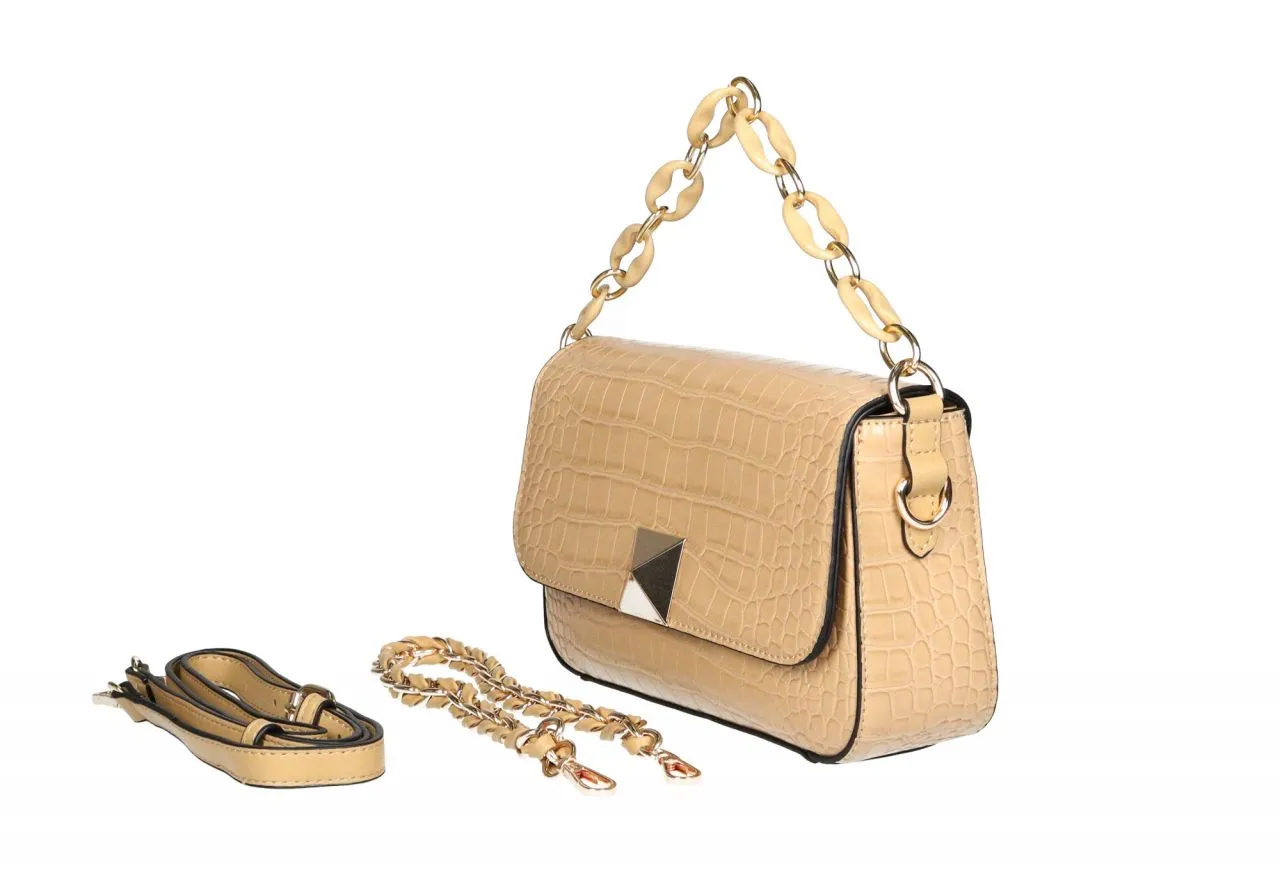 Bolso Mano Taupe Grabado Tapa Cierre Metal Oro Asa Eslabones