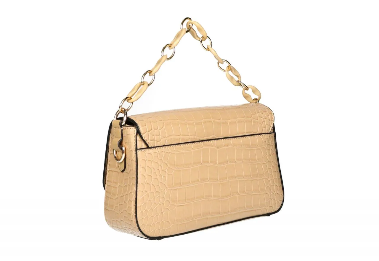 Bolso Mano Taupe Grabado Tapa Cierre Metal Oro Asa Eslabones