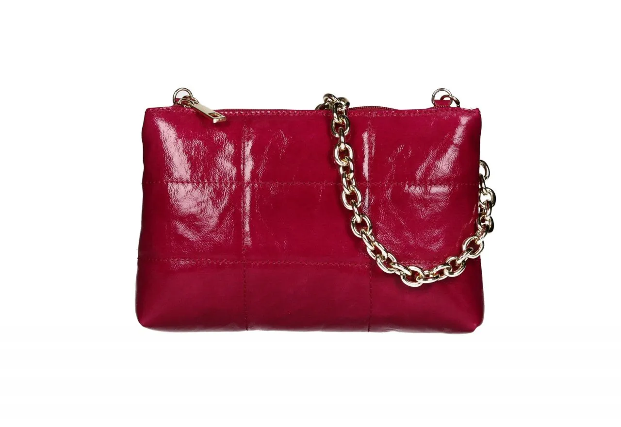 Cartera Mano Charol Fuxia Acolchada Cadena Eslabones Oro