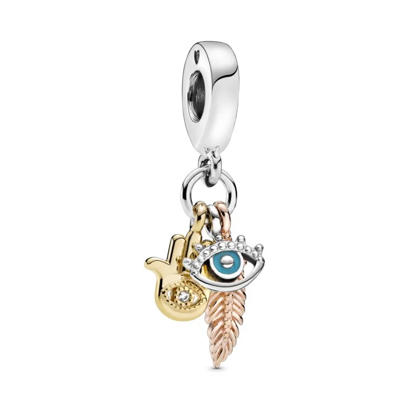 Charm Colgante en Plata de ley Mano de Fátima, Ojo Turco Y Pluma