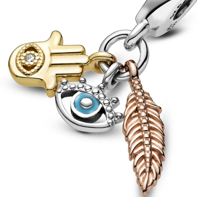 Charm Colgante en Plata de ley Mano de Fátima, Ojo Turco Y Pluma