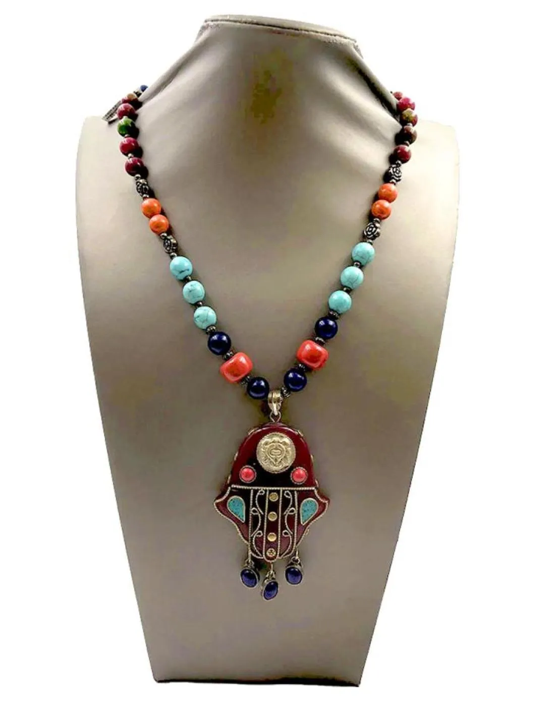 COLLARES LARGOS AFGANOS PIEDRA Y MANO DE FATIMA ARTESANAL