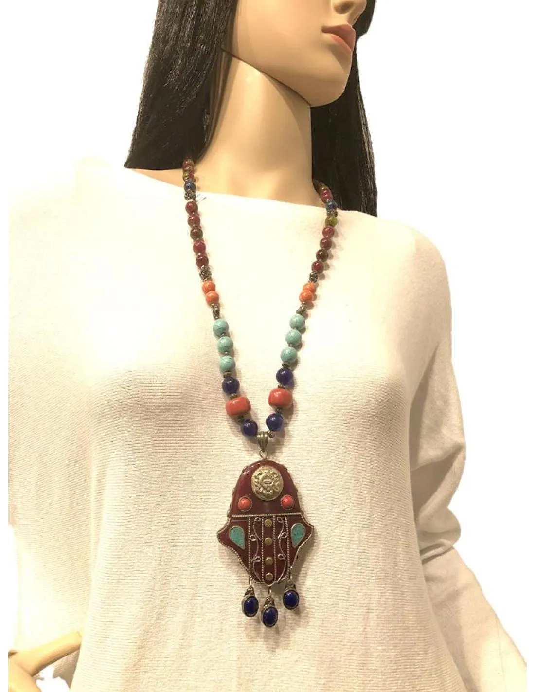 COLLARES LARGOS AFGANOS PIEDRA Y MANO DE FATIMA ARTESANAL