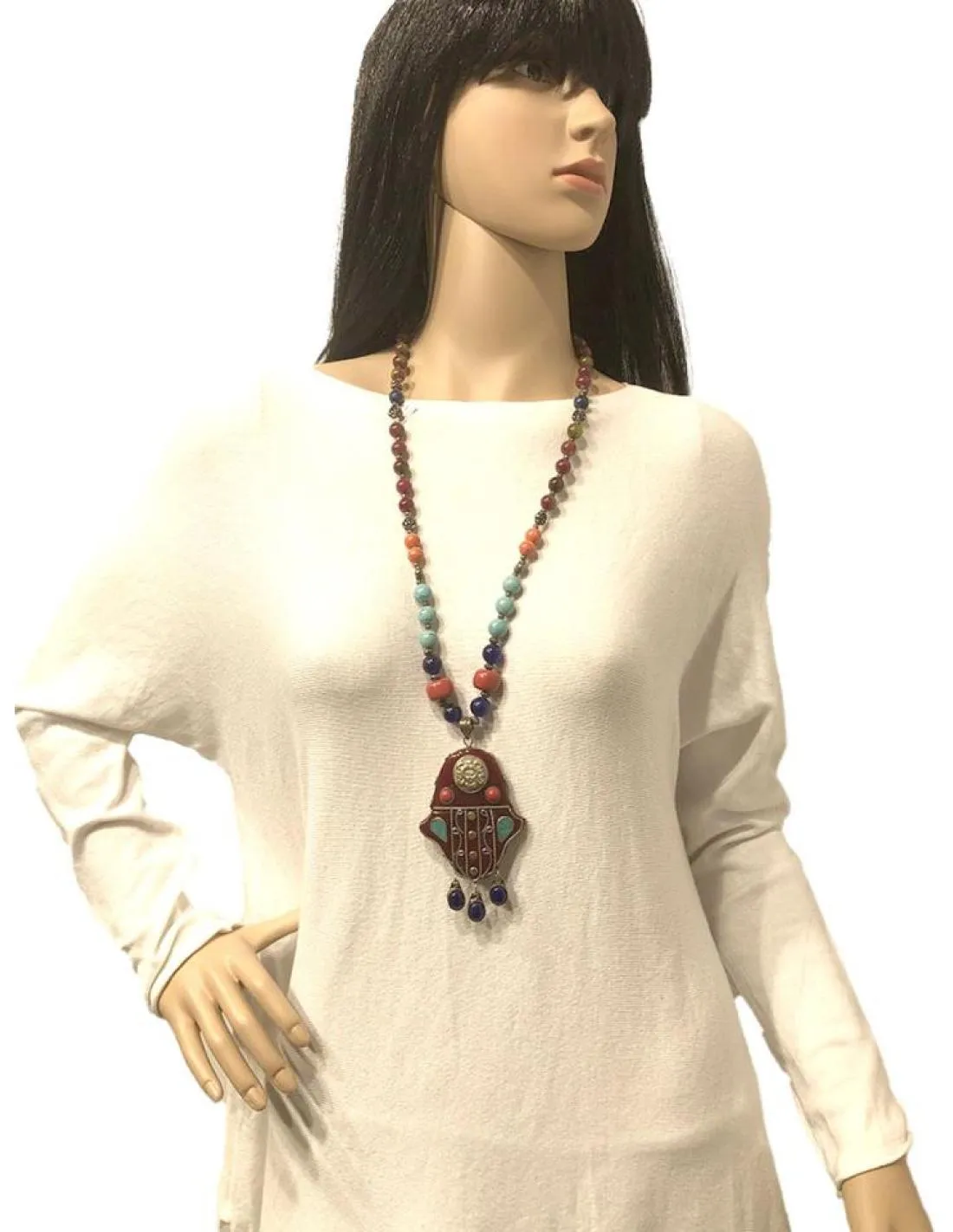 COLLARES LARGOS AFGANOS PIEDRA Y MANO DE FATIMA ARTESANAL