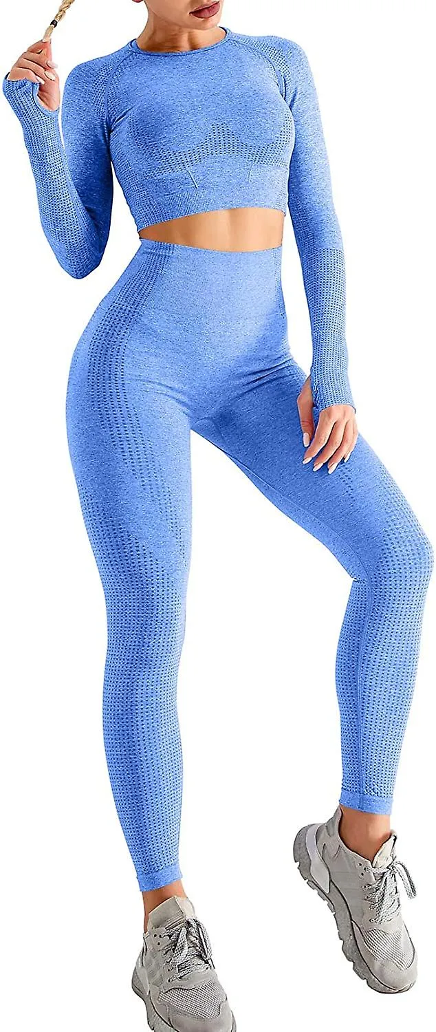 Conjunto de atuendo de yoga de cintura alta de 2 piezas Top de manga larga de gimnasio y mono (azul) S