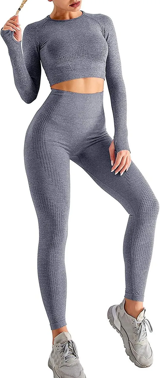 Conjunto de atuendo de yoga de cintura alta de 2 piezas Top de manga larga de gimnasio y mono (gris) S