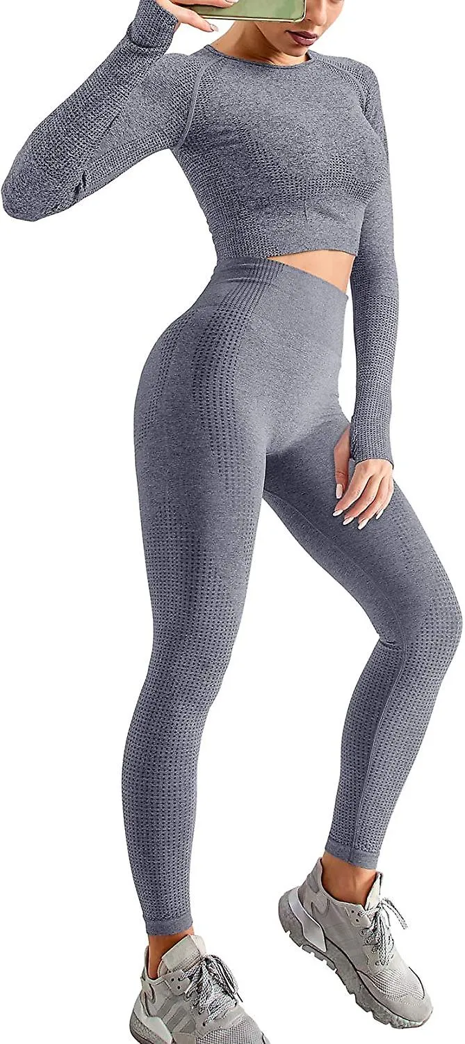 Conjunto de atuendo de yoga de cintura alta de 2 piezas Top de manga larga de gimnasio y mono (gris) S
