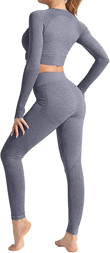 Conjunto de atuendo de yoga de cintura alta de 2 piezas Top de manga larga de gimnasio y mono (gris) S