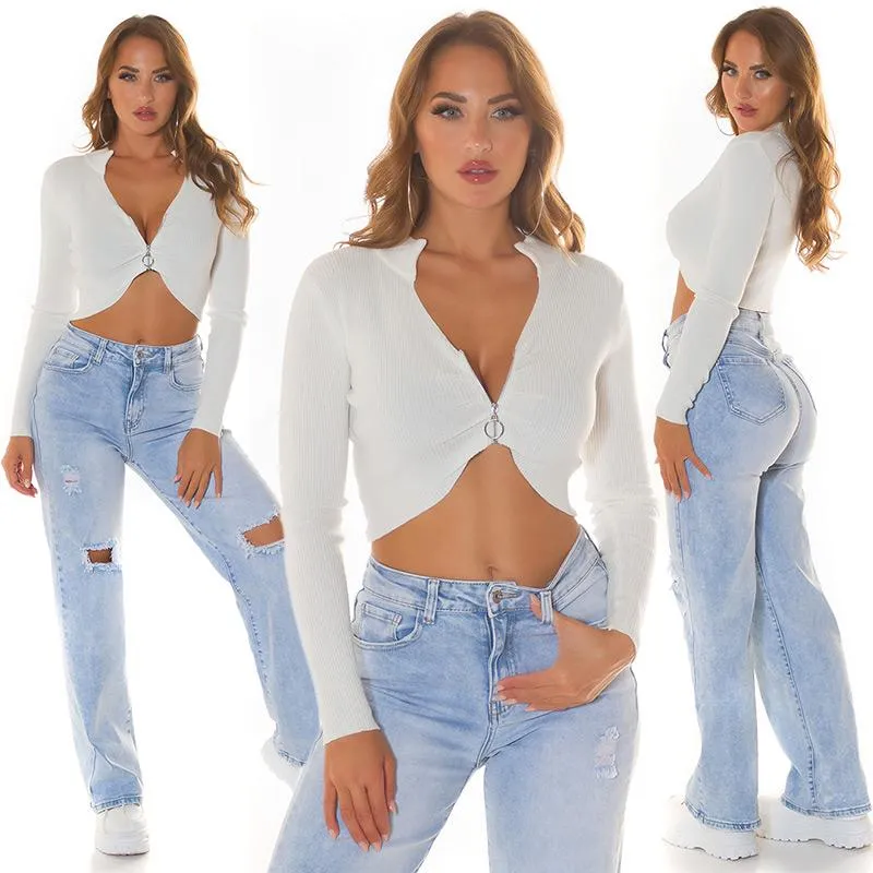 Cárdigan crop acanalado blanco