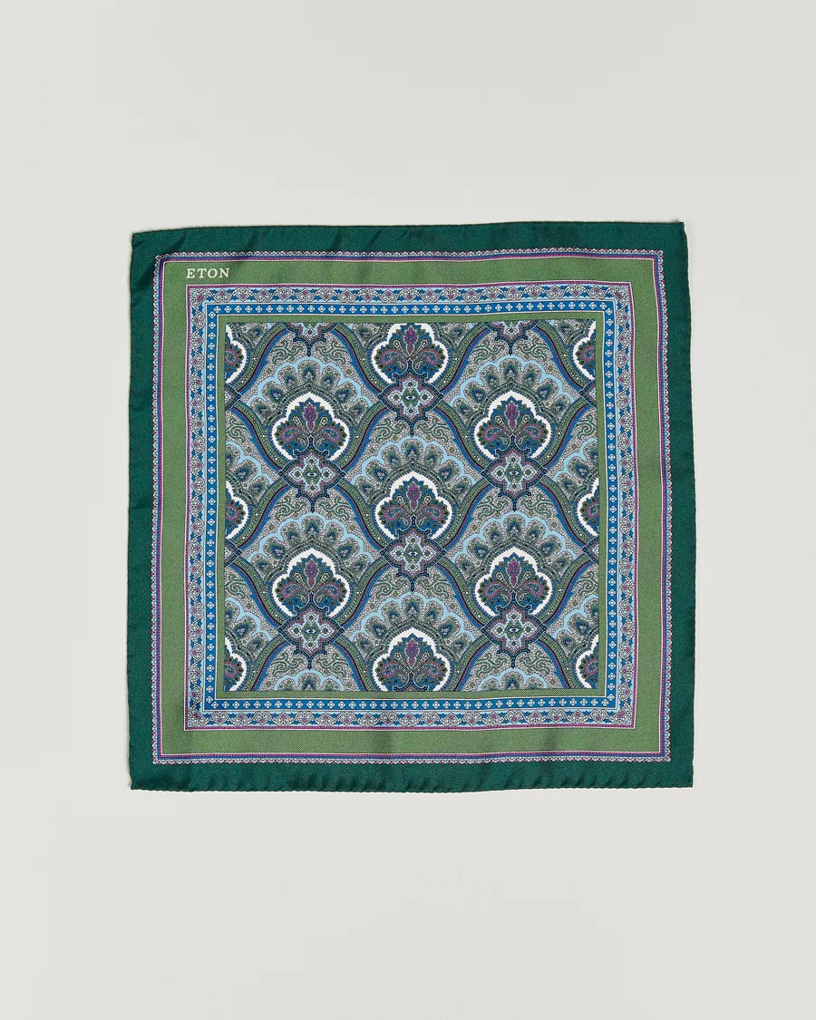 Eton Silk Paisley Print Pocket Square Green