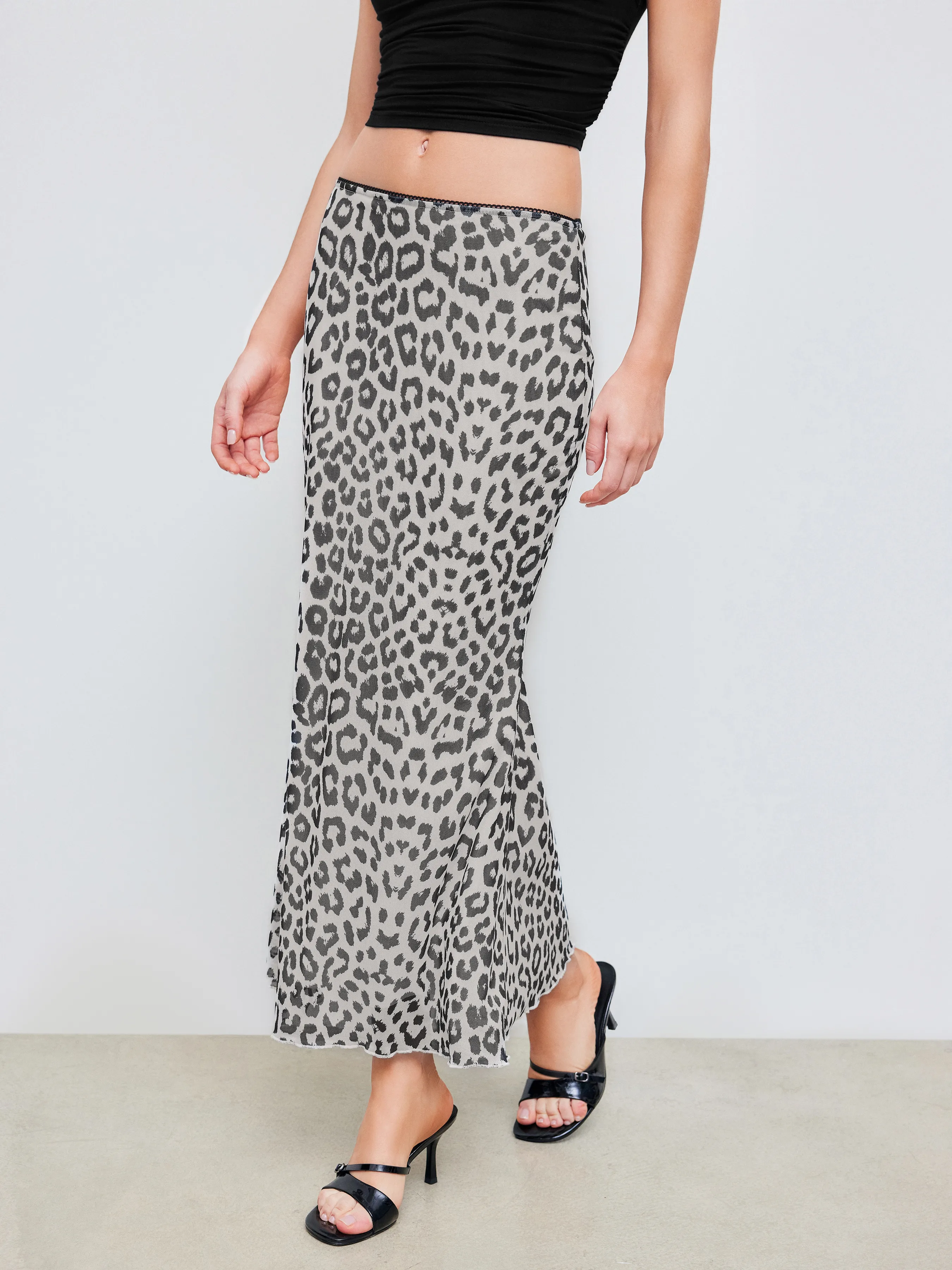 Falda Maxi de Leopardo de Malla de Tiro Medio