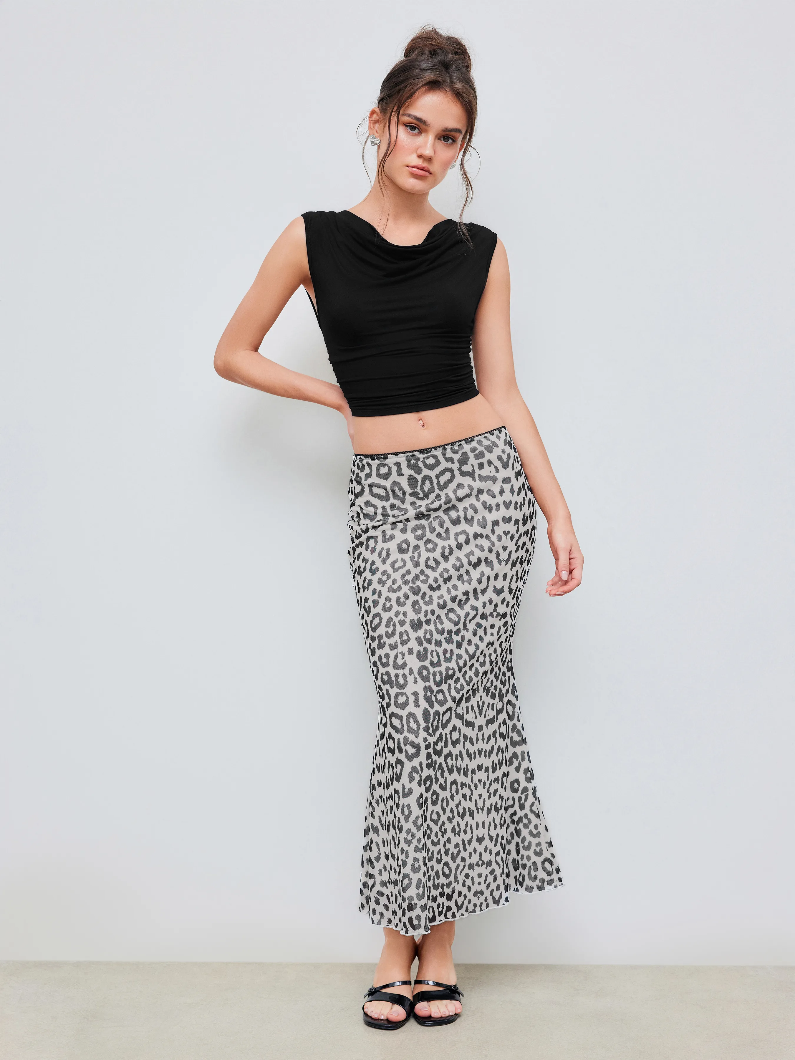 Falda Maxi de Leopardo de Malla de Tiro Medio