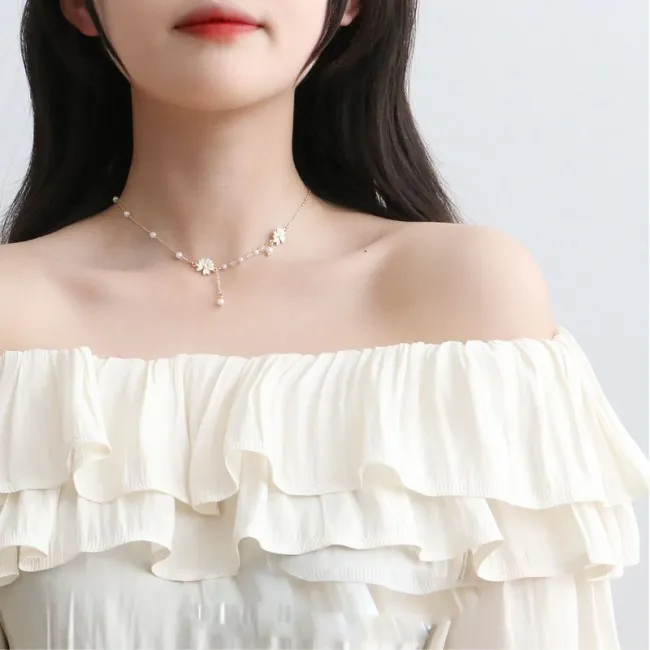  Fresh Daisy Flower Pearl Chain Necklace Jewelry Accessory Gift For Women Teen Girls Necklace