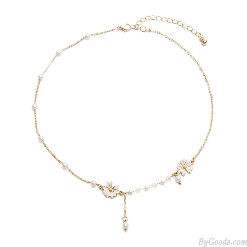  Fresh Daisy Flower Pearl Chain Necklace Jewelry Accessory Gift For Women Teen Girls Necklace