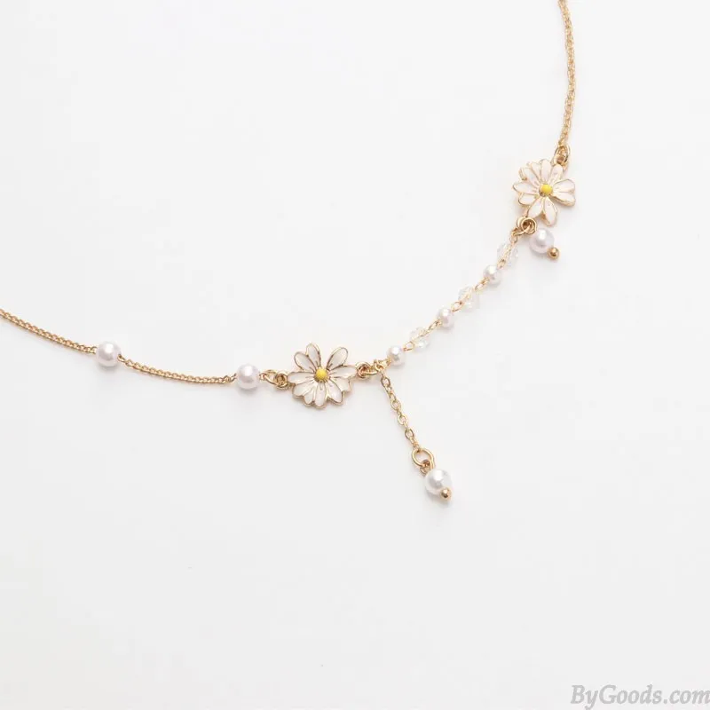  Fresh Daisy Flower Pearl Chain Necklace Jewelry Accessory Gift For Women Teen Girls Necklace
