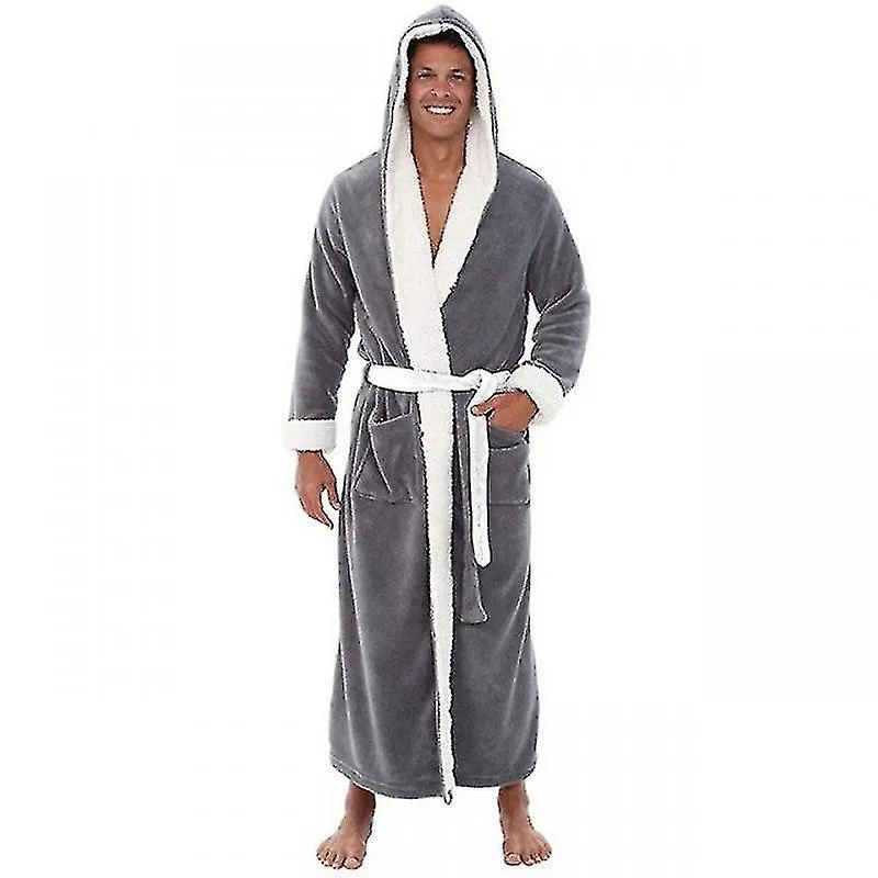 Hombres Albornoz con capucha larga Camisón suave Bata Bata Ropa de dormir B