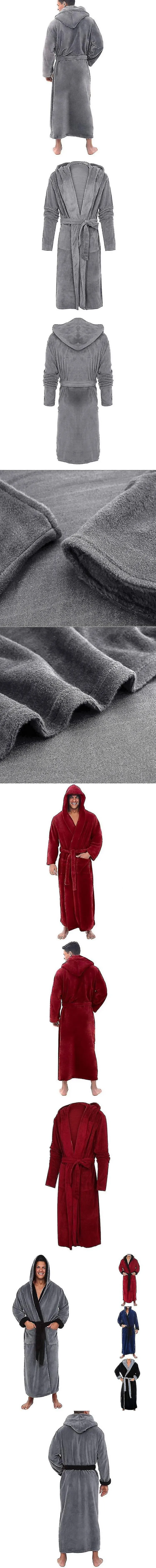 Hombres Albornoz con capucha larga Camisón suave Bata Bata Ropa de dormir B