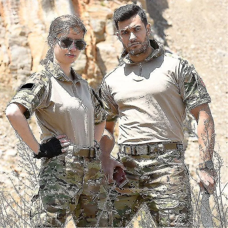 Hombres Camo Militar Combate Camiseta Manga Corta Camisa Táctica Airsoft Paintball Camping Ropa de Caza