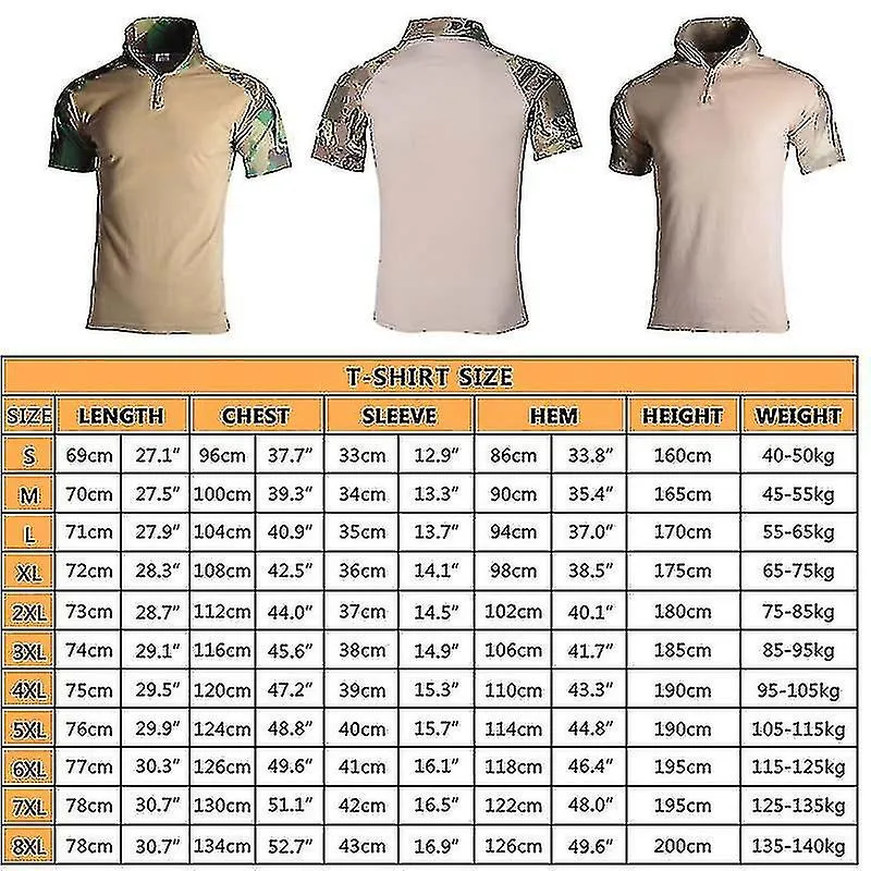 Hombres Camo Militar Combate Camiseta Manga Corta Camisa Táctica Airsoft Paintball Camping Ropa de Caza