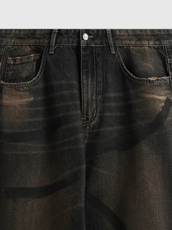 Jeans sueltos de piernas anchas teñidos con barro pintados a mano