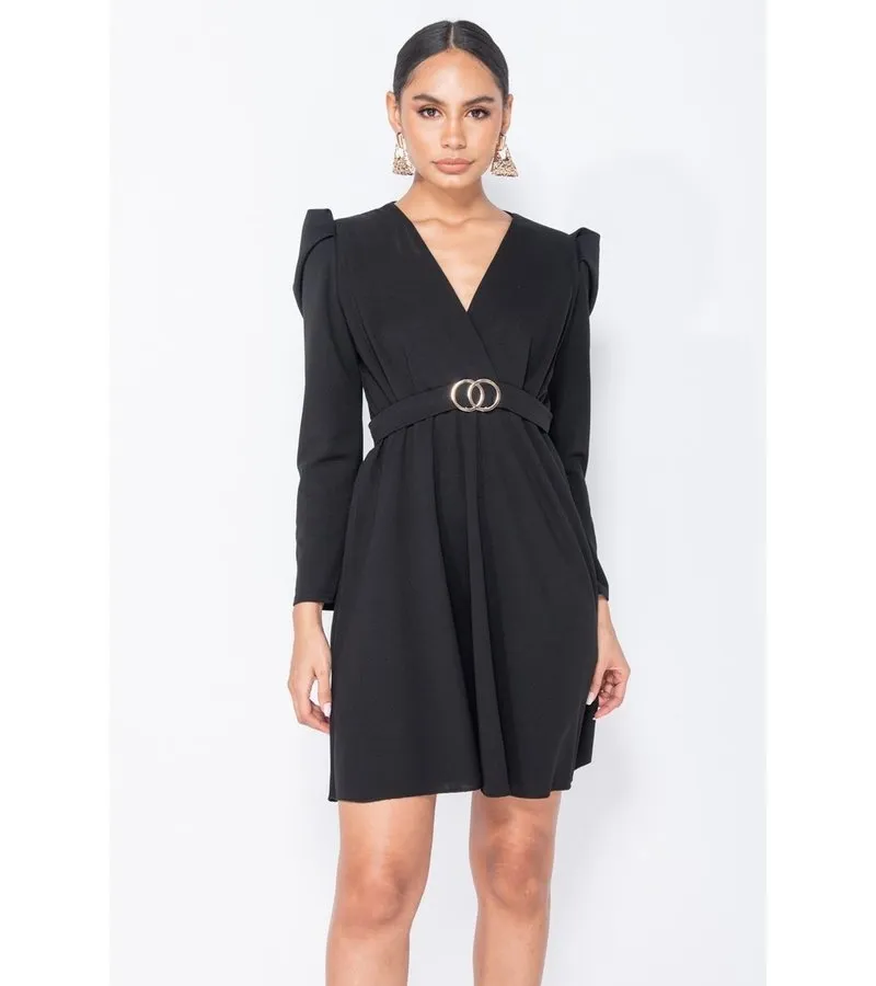 MANGA ABULTADA WRAP FRENTE MINI VESTIDO  MUJER  NEGRO