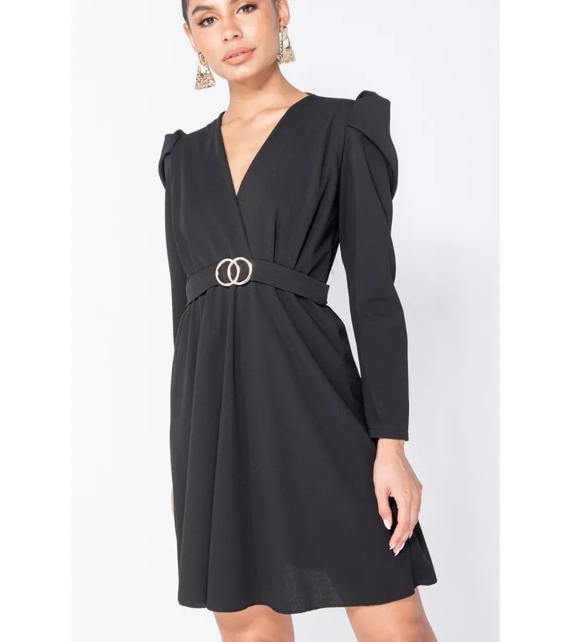 MANGA ABULTADA WRAP FRENTE MINI VESTIDO  MUJER  NEGRO