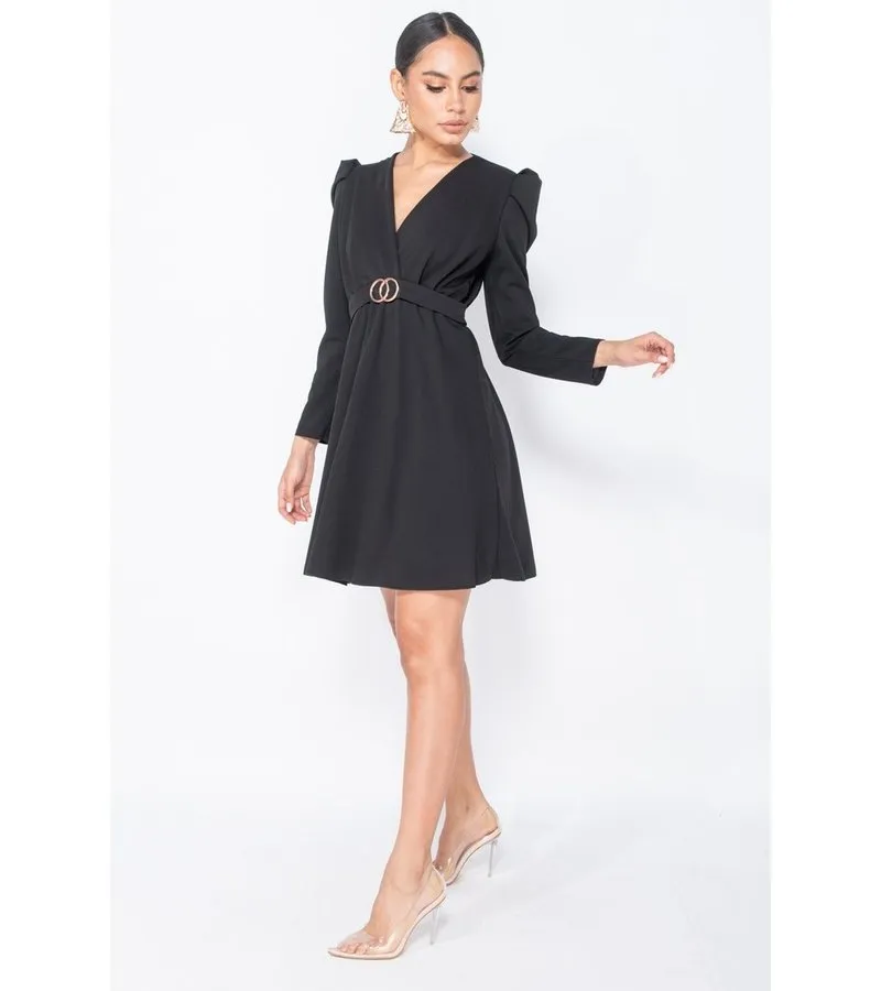 MANGA ABULTADA WRAP FRENTE MINI VESTIDO  MUJER  NEGRO