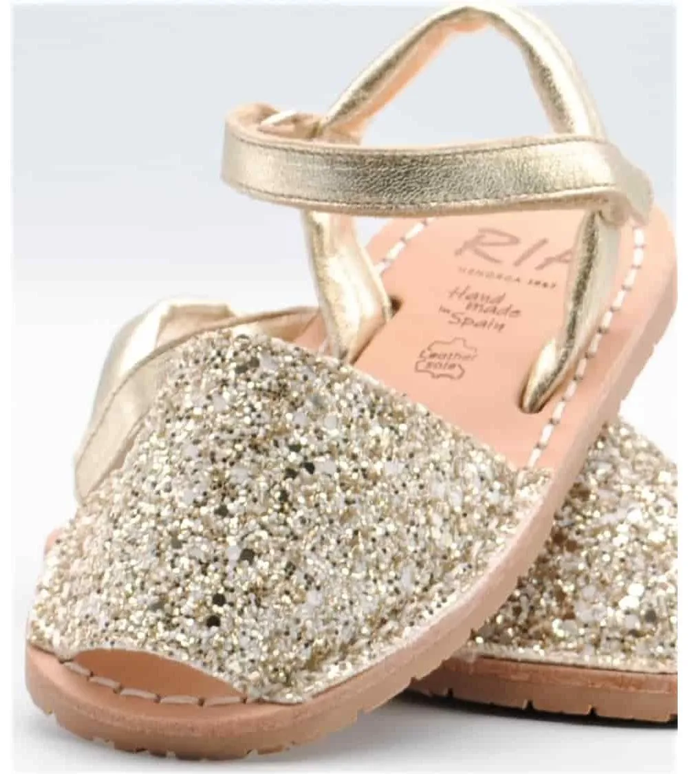 MENORQUINAS ABARCAS NIÑA RIA GLITTER DORADO METALIZADO PLATINO