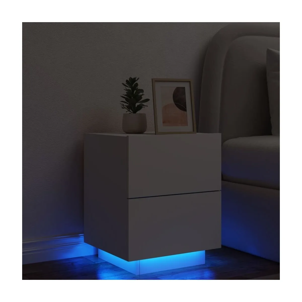 Mesita de noche con luces LED madera de ingeniería blanca