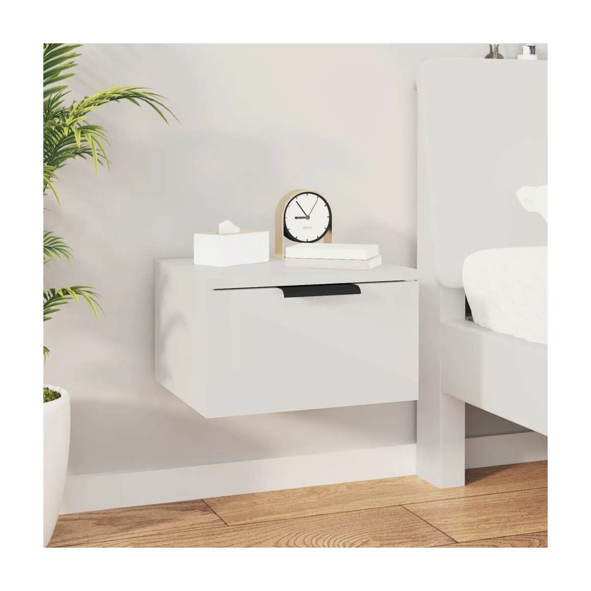 Mesita de noche de pared blanco brillante 34x30x20 cm