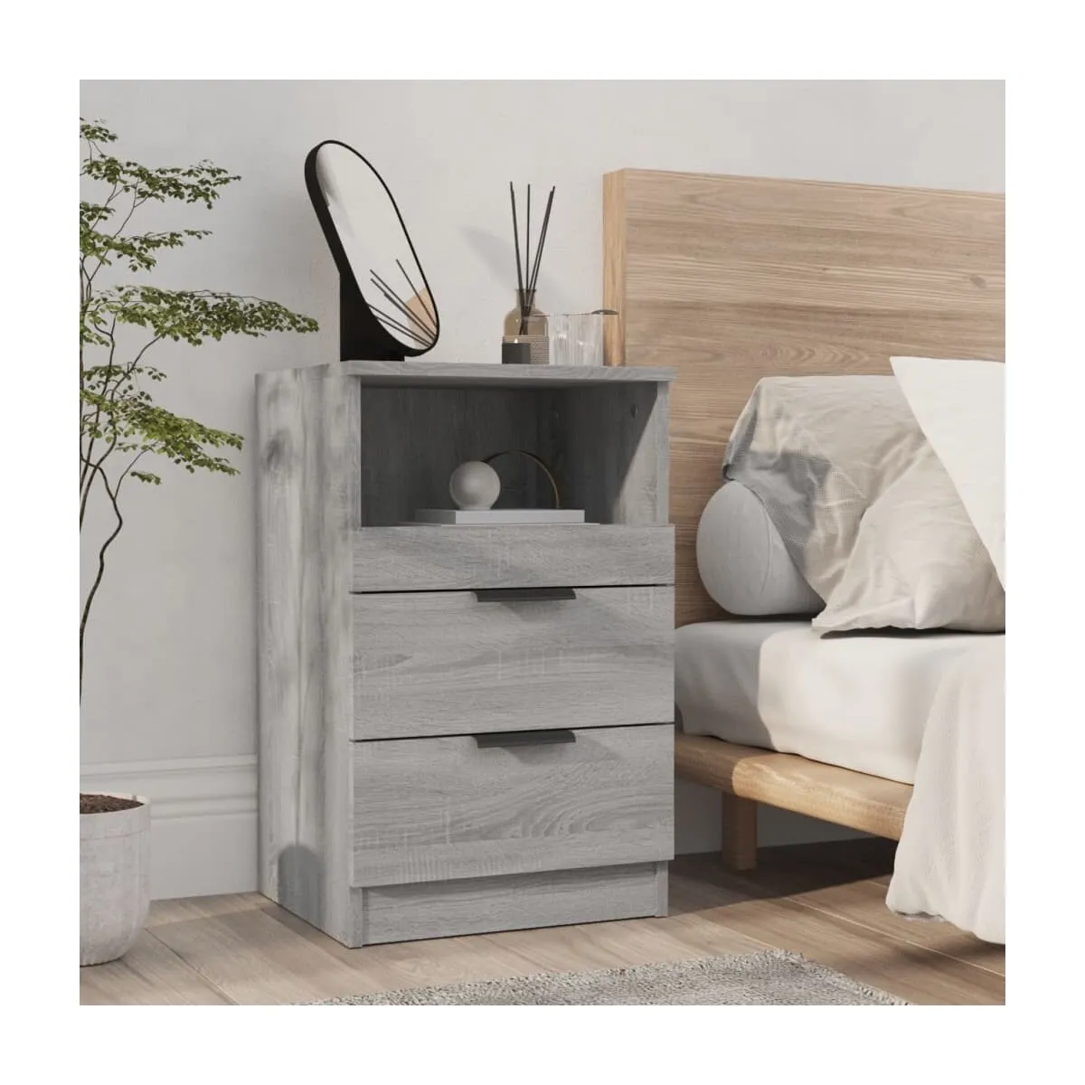 Mesita de noche madera contrachapada gris Sonoma