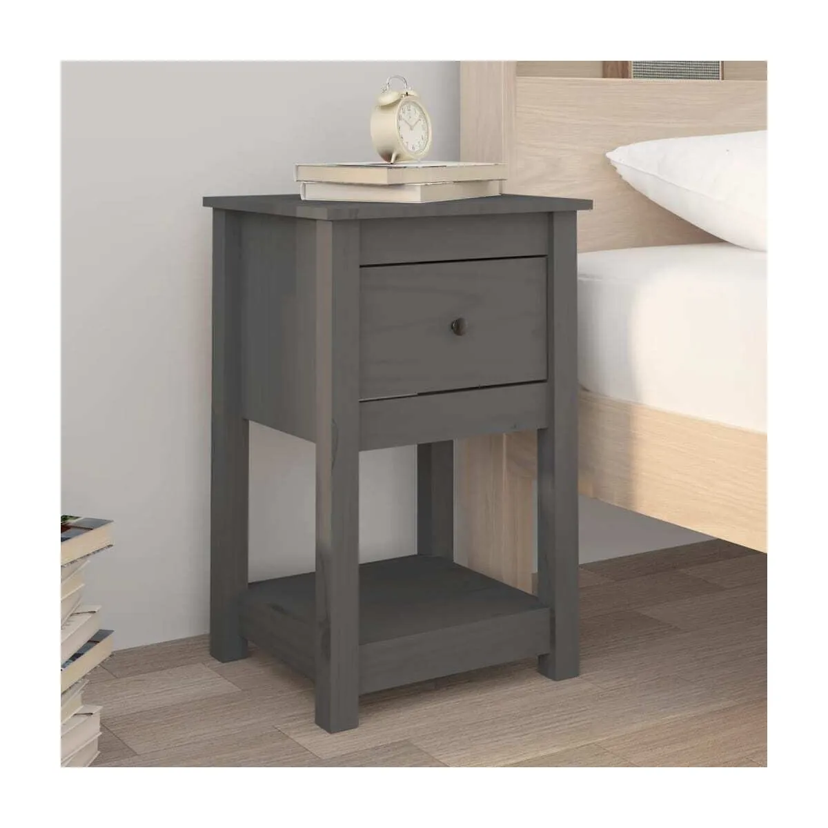 Mesita de noche madera maciza de pino gris 40x35x61,5 cm