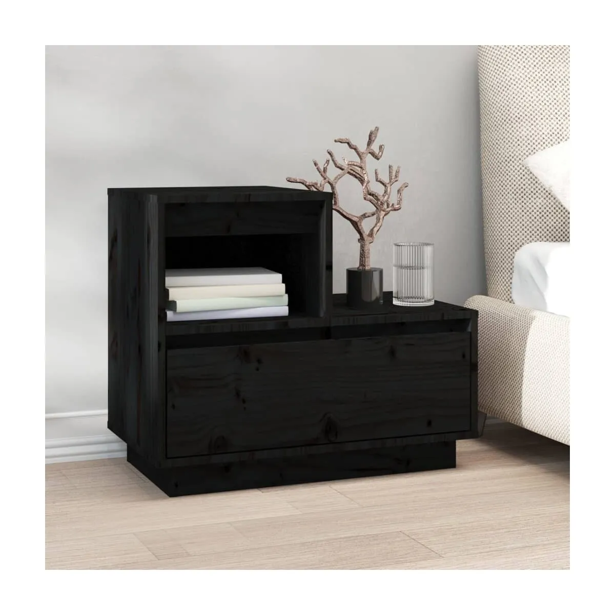 Mesita de noche madera maciza de pino negro 60x34x51 cm
