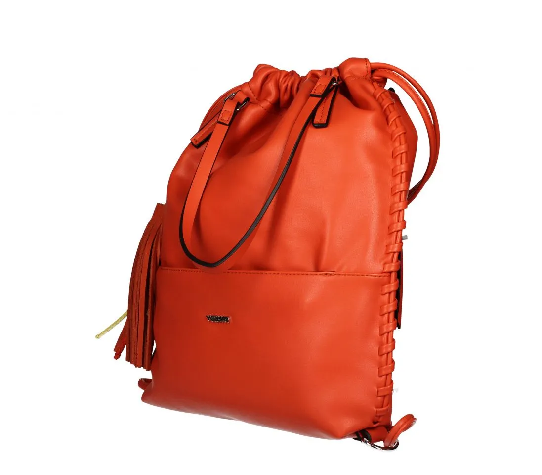 Mochila Naranja Plana Fruncida Asa Mano Bolsillo Delantero