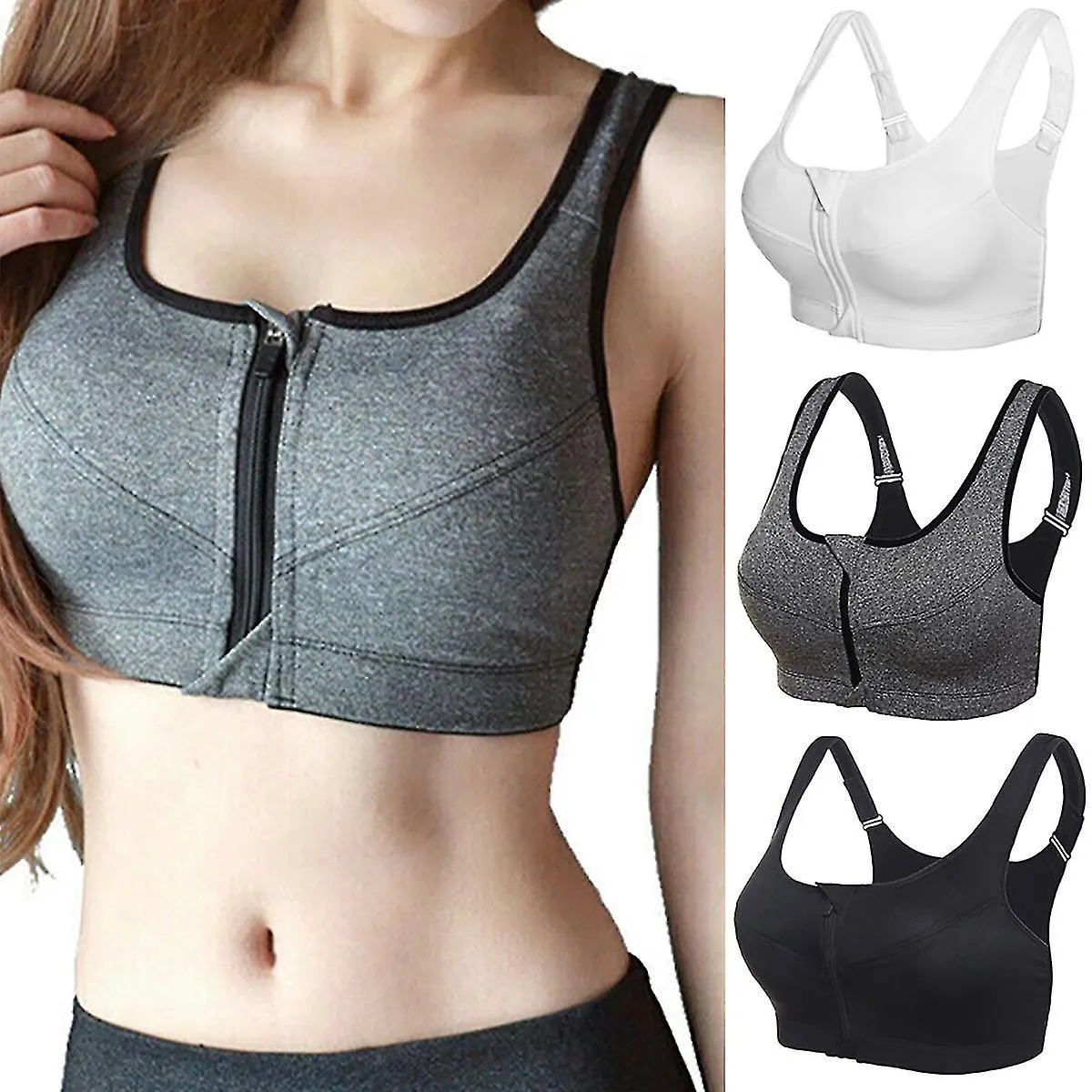 Mujer Zip Frontal Acolchado Sujetador Deportivo Yoga Gimnasio Entrenamiento Running Crop Top Gathering Chaleco de Apoyo