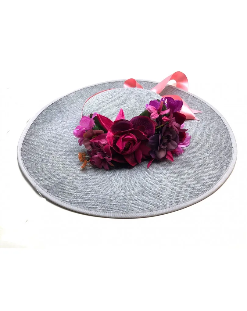 PAMELAS PARA BODAS Y EVENTOS COLOR GRIS PLATA Y FLORES BUGAMBILLA Y GRANATES