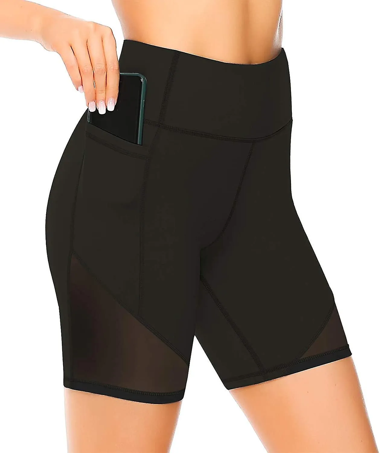 Pantalones cortos de yoga de malla de cintura alta compatibles con mujeres con bolsillos profundos Entrenamiento de mujer B