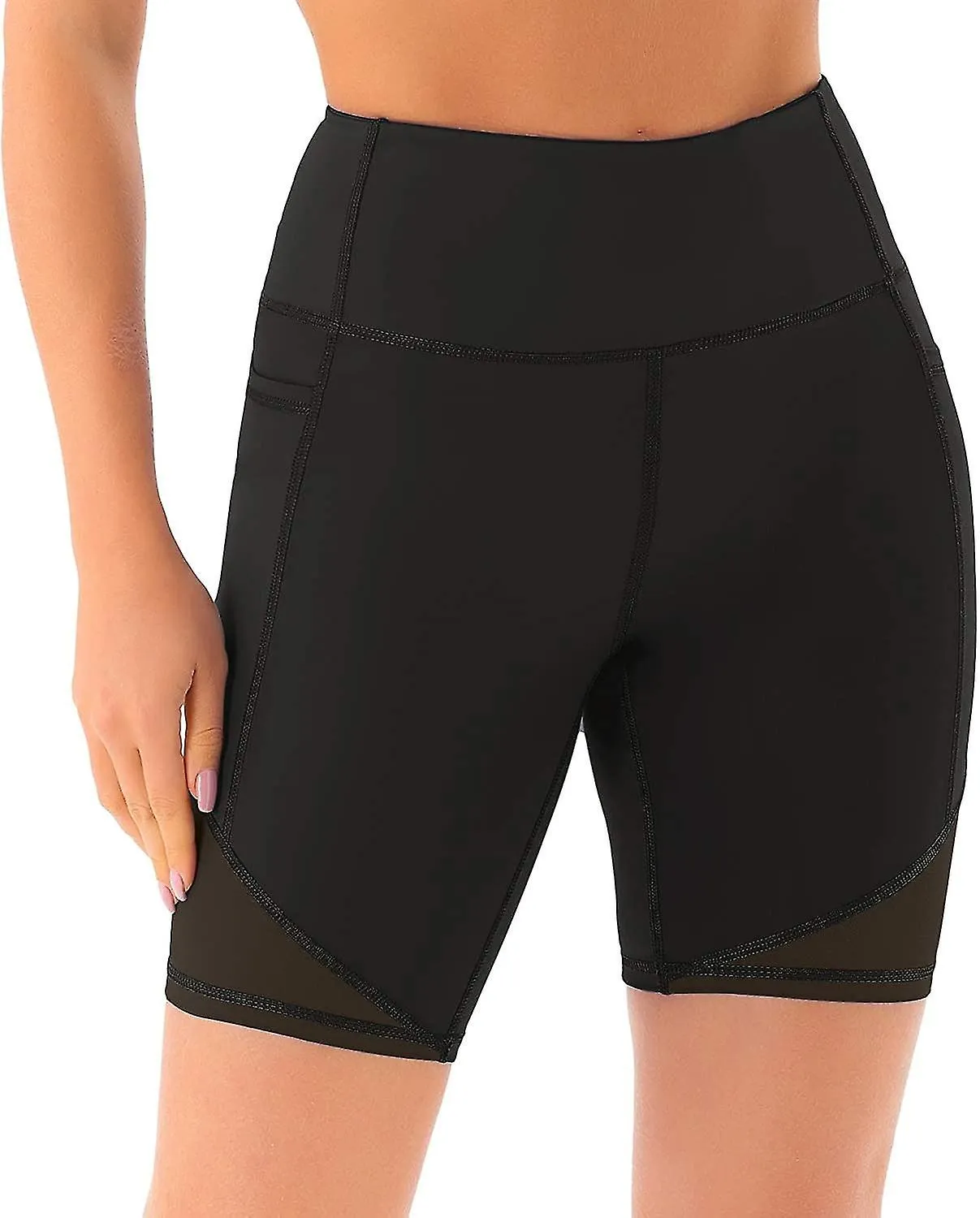 Pantalones cortos de yoga de malla de cintura alta compatibles con mujeres con bolsillos profundos Entrenamiento de mujer B
